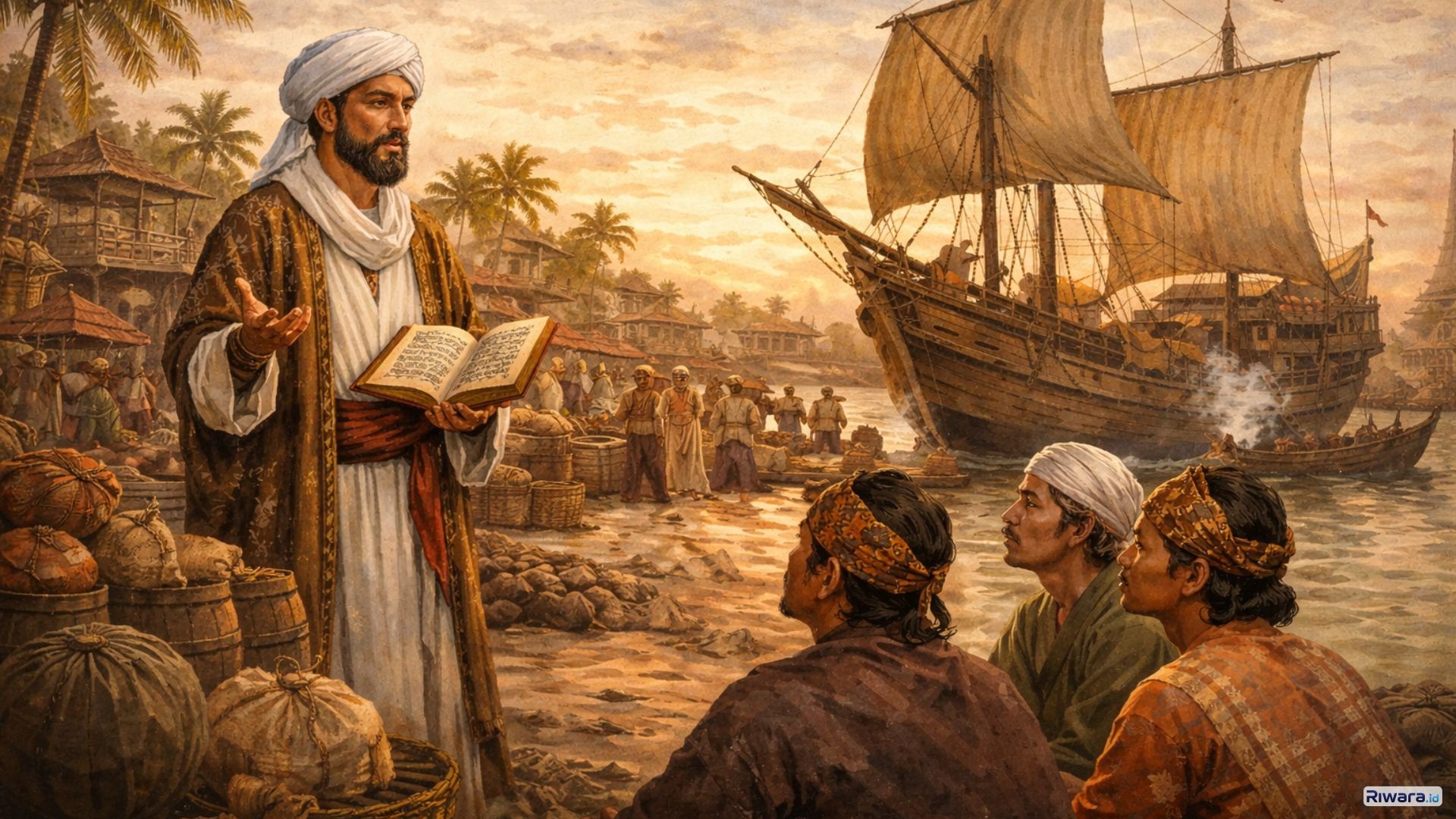 Ilustrasi pedagang Muslim yang menyebarkan ajaran Islam di pelabuhan Nusantara melalui jalur perdagangan internasional pada abad pertengahan. Islam berkembang secara damai lewat interaksi dagang, budaya, dan hubungan sosial dengan masyarakat lokal.